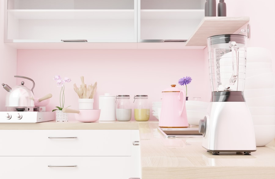 Kitchen counter with a blender, kettle and storage jars