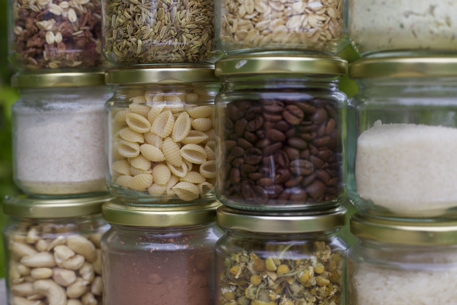 Rows of glass storage jars filled with pantry staples